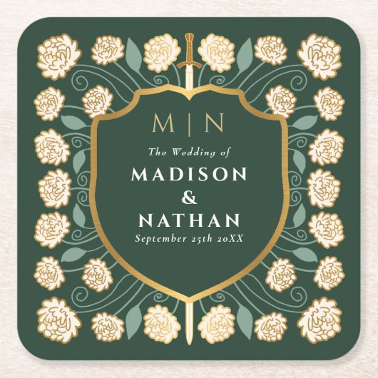 Sword & Shield Medieval Fantasy Monogram Weddensch Kartonnen Onderzetters (Voorkant)