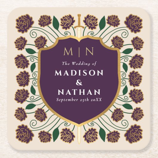 Sword & Shield Medieval Fantasy Monogram Weddensch Kartonnen Onderzetters (Voorkant)