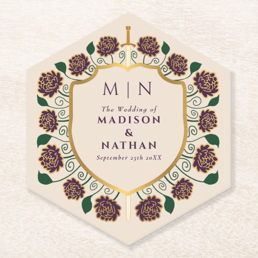 Sword & Shield Medieval Fantasy Monogram Weddensch Kartonnen Onderzetters (Voorkant)