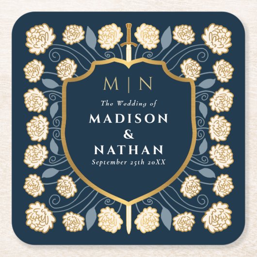 Sword & Shield Medieval Fantasy Monogram Weddensch Kartonnen Onderzetters (Voorkant)