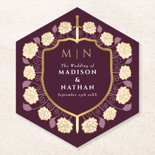 Sword & Shield Medieval Fantasy Monogram Weddensch Kartonnen Onderzetters (Voorkant)