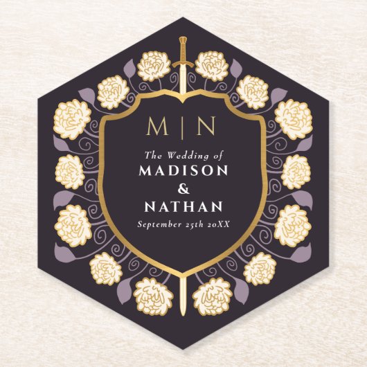 Sword & Shield Medieval Fantasy Monogram Weddensch Kartonnen Onderzetters (Voorkant)