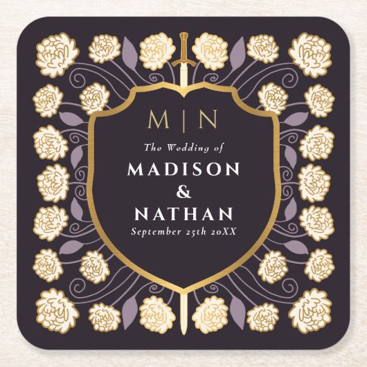 Sword & Shield Medieval Fantasy Monogram Weddensch Kartonnen Onderzetters (Voorkant)