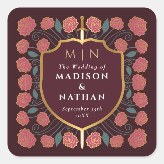 Sword & Shield Medieval Fantasy Monogram Weddensch Vierkante Sticker (Voorkant)