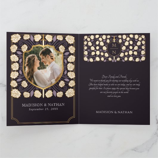 Sword Shield Middeleeuwse Fantasy Monogram Huwelij Bedankkaart (Binnen)