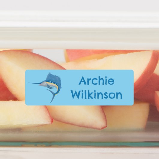 Swordfish zeilvis plezier cartoon gepersonaliseerd labels (Aangebracht)