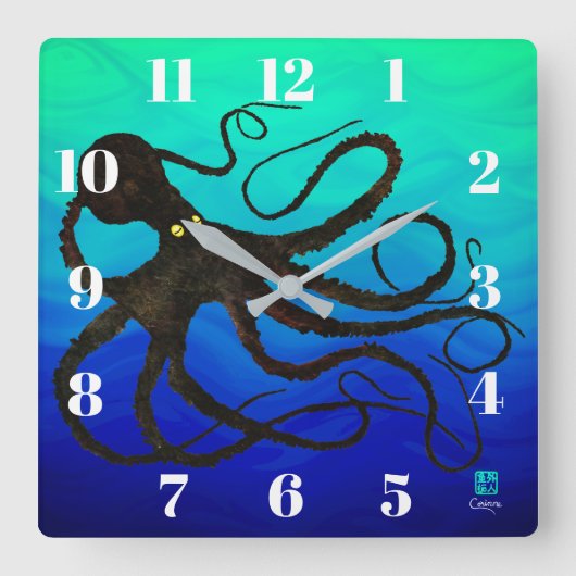 Sybille's Octo On Blue Green - Square Wall Clock Vierkante Klok (Voorkant)