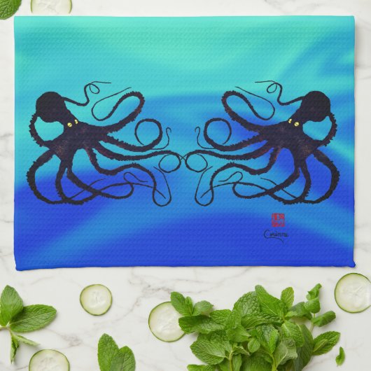 Sybille's octopus on Blue Green - Kitchen Towel Theedoek (Gevouwen)