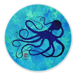 Sybille's octopus op blauw R - keramische knop