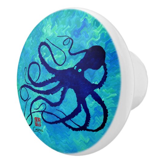 Sybille's octopus op blauw R - keramische knop (Rechts)