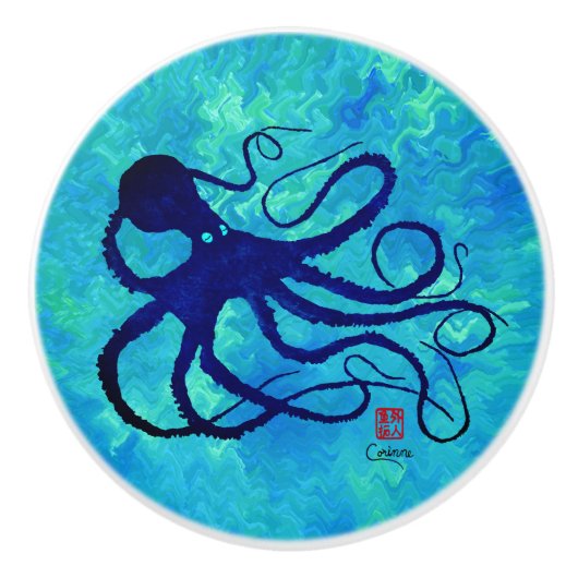 Sybille's octopus op Blue L - keramische knop (Voorkant)
