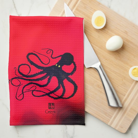 Sybille's octopus op Red - Kitchen Towel Theedoek (Quarter Fold)