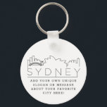 Sydney | Aangepaste slogan voor de stijlvolle Skyl Sleutelhanger<br><div class="desc">Een unieke sleutelketen die de prachtige en gastvrije stad Sydney in Australië vertegenwoordigt. Deze sleutelhanger bevat een gestileerde illustratie van de unieke skyline van de stad met de naam eronder. Onder de stadsnaam bevindt zich een plek voor je unieke slogan of verklaring over je favoriete stad.</div>