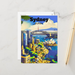 Sydney ansichtkaart, handgetekende stadkaart, geïl feestdagenkaart
