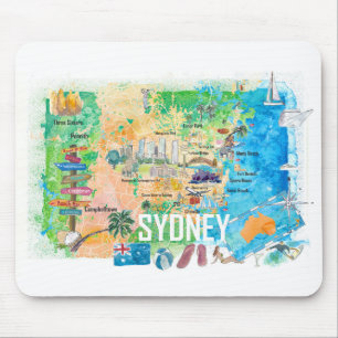 Sydney Australia Illustrated Map met Landmarks Muismat
