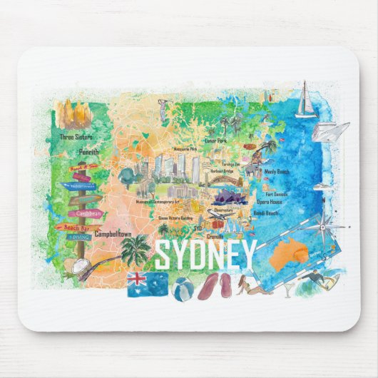 Sydney Australia Illustrated Map met Landmarks Muismat (Voorkant)