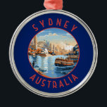 Sydney Australië Retro Noodlijdende Cirkel Metalen Ornament<br><div class="desc">Sydney retro vector reisontwerp. Sydney,  de hoofdstad van Nieuw-Zuid-Wales en een van de grootste steden van Australië,  is het best bekend om zijn havenfront Sydney Opera House,  met een onderscheidend zeil-achtig ontwerp.</div>