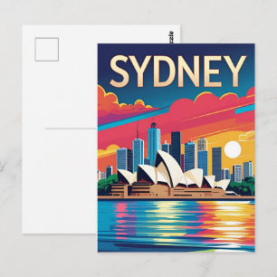 Sydney Australië Silhouet Zonsondergang Retro Reiz Briefkaart