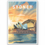 Sydney Australië Travel Art Vintage Sticker<br><div class="desc">Sydney retro vector reisontwerp. Sydney,  de hoofdstad van Nieuw-Zuid-Wales en een van de grootste steden van Australië,  is het best bekend om zijn havenfront Sydney Opera House,  met een onderscheidend zeil-achtig ontwerp.</div>