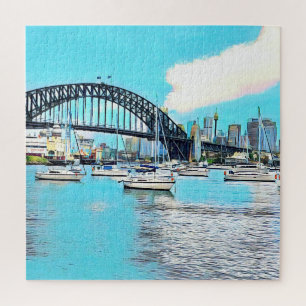 Sydney Harbor Bridge blauwe hemel met jachten Legpuzzel