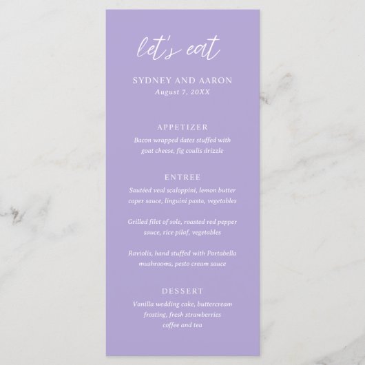 Sydney Lavender Modern Wedding Menu (Voorkant)