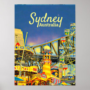 Sydney Luna Park Harbour vintage travel wall decor Poster