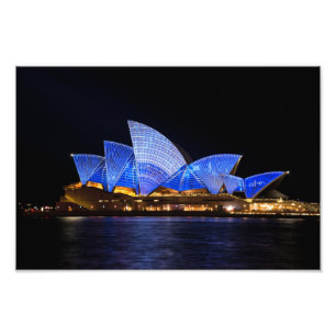 Sydney Opera House heeft 's nachts in Blauw gezete Foto Afdruk