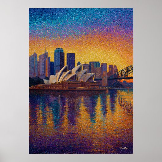 Sydney Opera House Pointillisme Silhouette Kunst Poster (Voorkant)