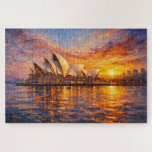 Sydney Opera House Sunset Knife Oil Painting Legpuzzel<br><div class="desc">Enjoy a relaxing and creative challenge with this stunning jigsaw puzzle featuring an artistic interpretation of the iconic Sydney Opera House at sunset. Set along the beautiful waters of Sydney Harbour in Sydney, Australia, this artwork captures the famous sail-shaped architecture glowing in warm golden evening light. Created in a rich...</div>