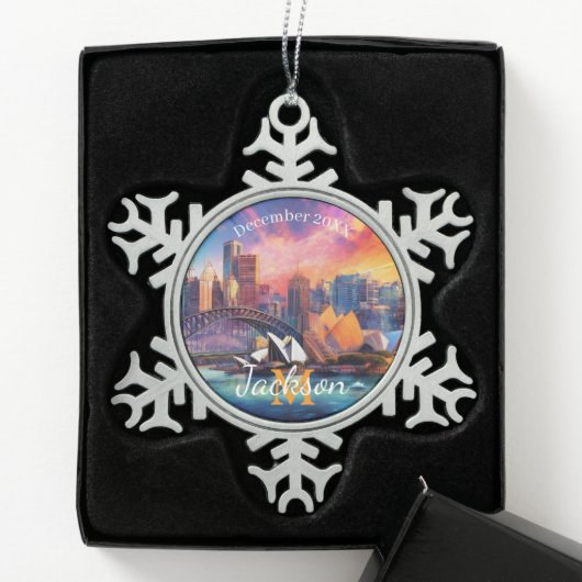 Sydney Skyline Abstracte kunst Tin Sneeuwvlok Ornament (Kistje)
