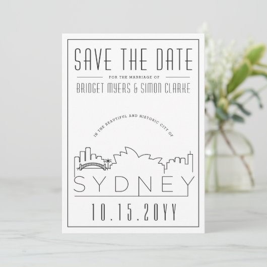 Sydney Trouw Decor Stijl Skyline Save the Date Kaart (Staand voorkant)