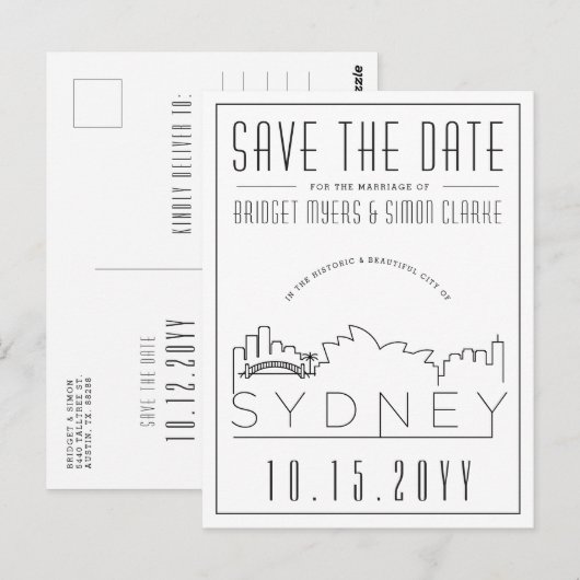 Sydney Wedding Deco Skyline Save the Date Briefkaart (Voorkant / Achterkant)