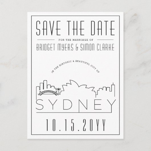 Sydney Wedding Deco Skyline Save the Date Briefkaart (Voorkant)