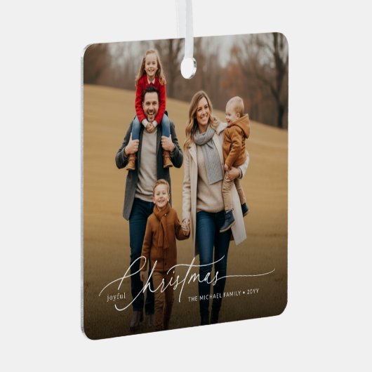 Sylish White Script Christmas Family Photo Name Metalen Ornament (Voorkant Rechts)