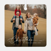 Sylish White Script Christmas Family Photo Name Metalen Ornament (Achterkant)