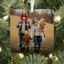 Sylish White Script Christmas Family Photo Name Metalen Ornament