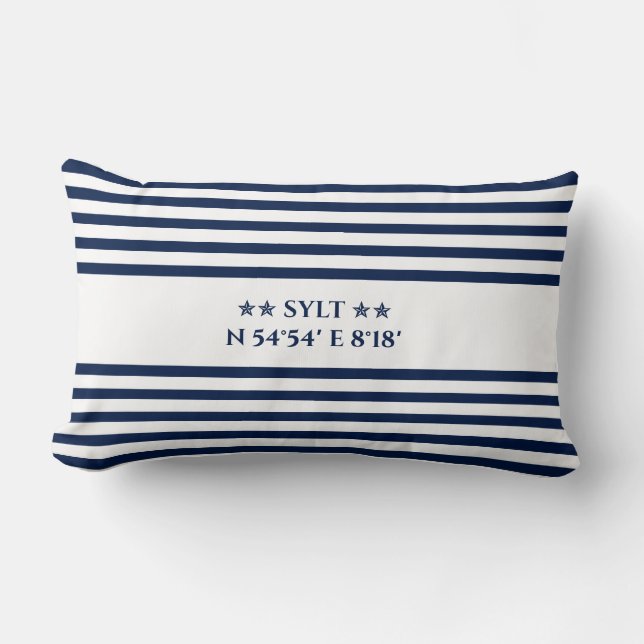 Sylt Nautical Coordinates – Blue & White Striped Kussen (Voorkant)
