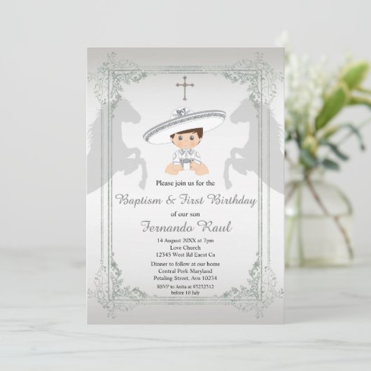 Sylver Fiesta Jongensdoop en verjaardagsuitnodigin Kaart (Staand voorkant)