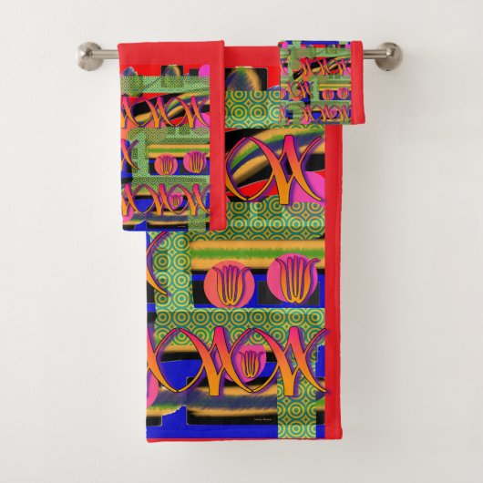 Symbolen en bloemen rode afwerking bad handdoek (Insitu)