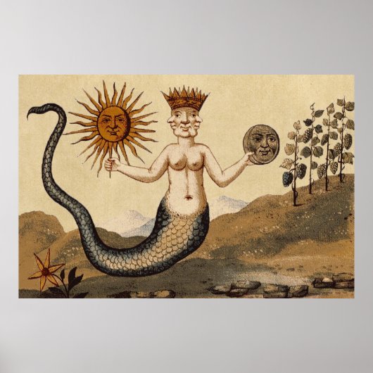 Symbolische alchemie met Sun en Moon Sepia Poster (Voorkant)