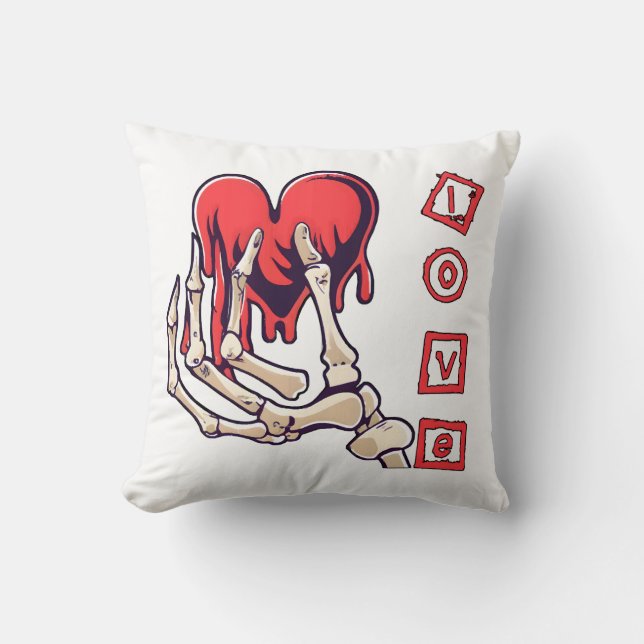 Symbolische liefde skelet hand geeft hart kussen (Voorkant)