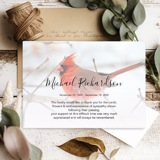 Symbolische Rode Kardinaal Memorial Hartelijk dank Bedankkaart