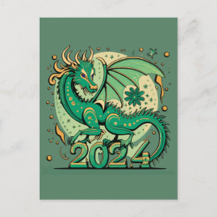 Symbool 2024 Nieuwjaar, groene houten draak Briefkaart