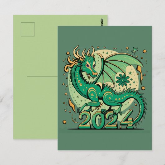 Symbool 2024 Nieuwjaar, groene houten draak Briefkaart (Voorkant / Achterkant)