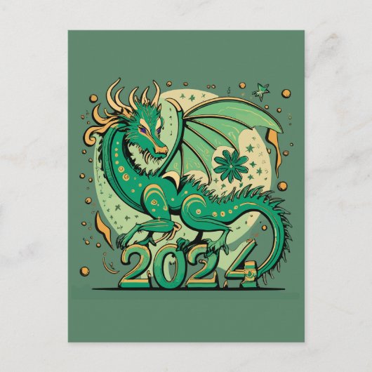 Symbool 2024 Nieuwjaar, groene houten draak Briefkaart (Voorkant)
