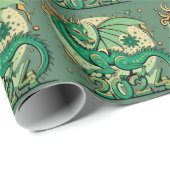 Symbool 2024 Nieuwjaar, groene houten draak Cadeaupapier (Rol Hoek)