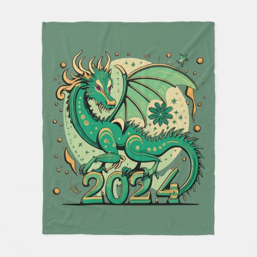 Symbool 2024 Nieuwjaar, groene houten draak Fleece Deken (Voorkant)