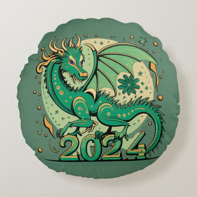 Symbool 2024 Nieuwjaar, Groene Houten Draak Rond Kussen (Voorkant)