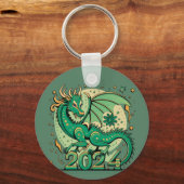 Symbool 2024 Nieuwjaar, groene houten draak Sleutelhanger (Voorkant)