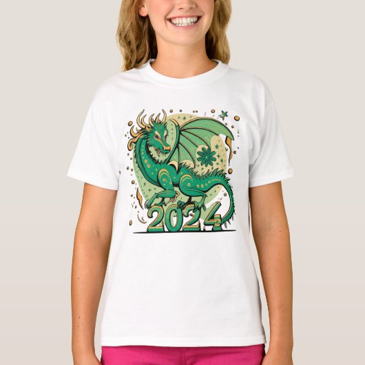 Symbool 2024 Nieuwjaar, groene houten draak T-shirt (Voorkant)